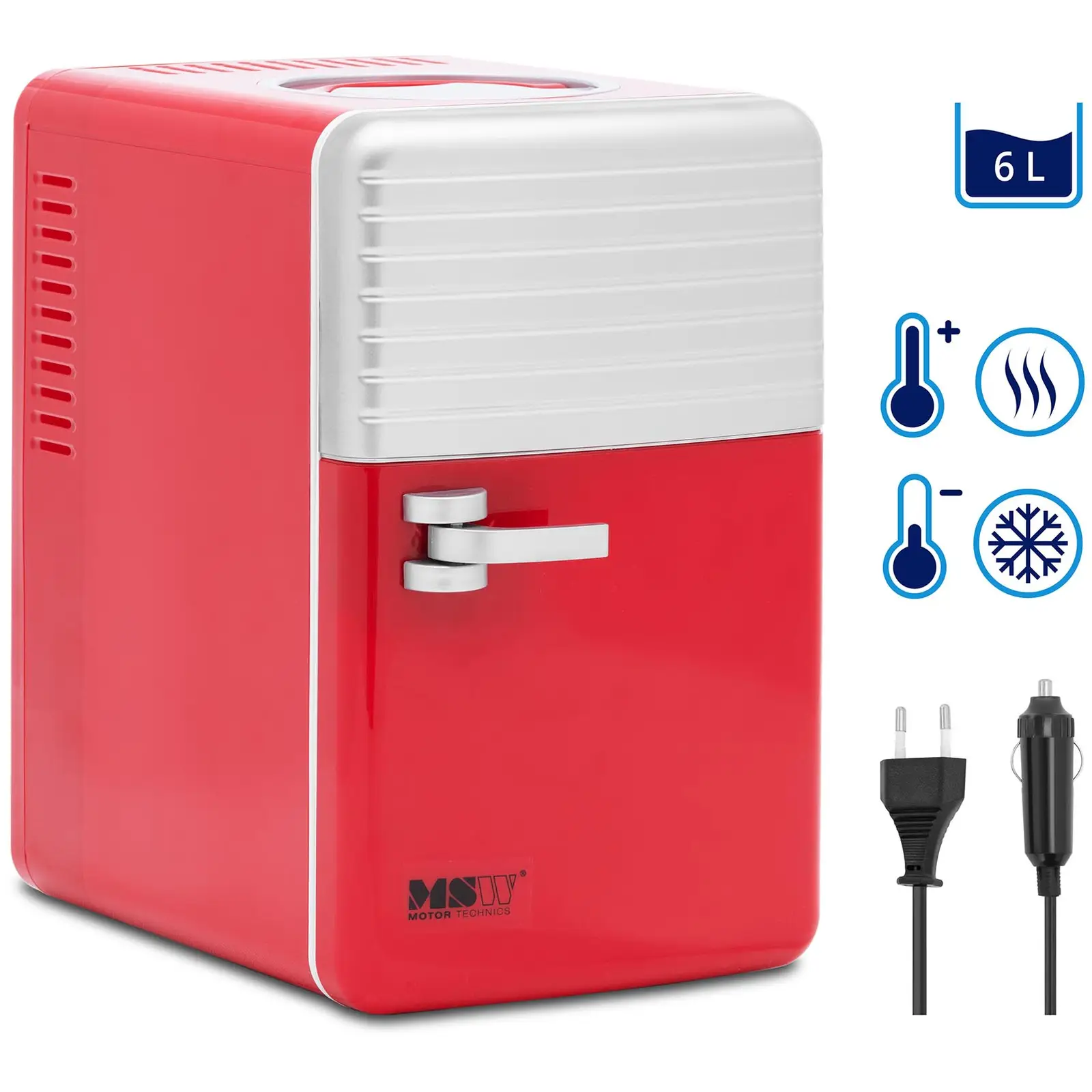 Mini hűtő - 12 V / 230 V - 2 az 1-ben melegen tartó funkcióval - 6 l - piros/ezüst
