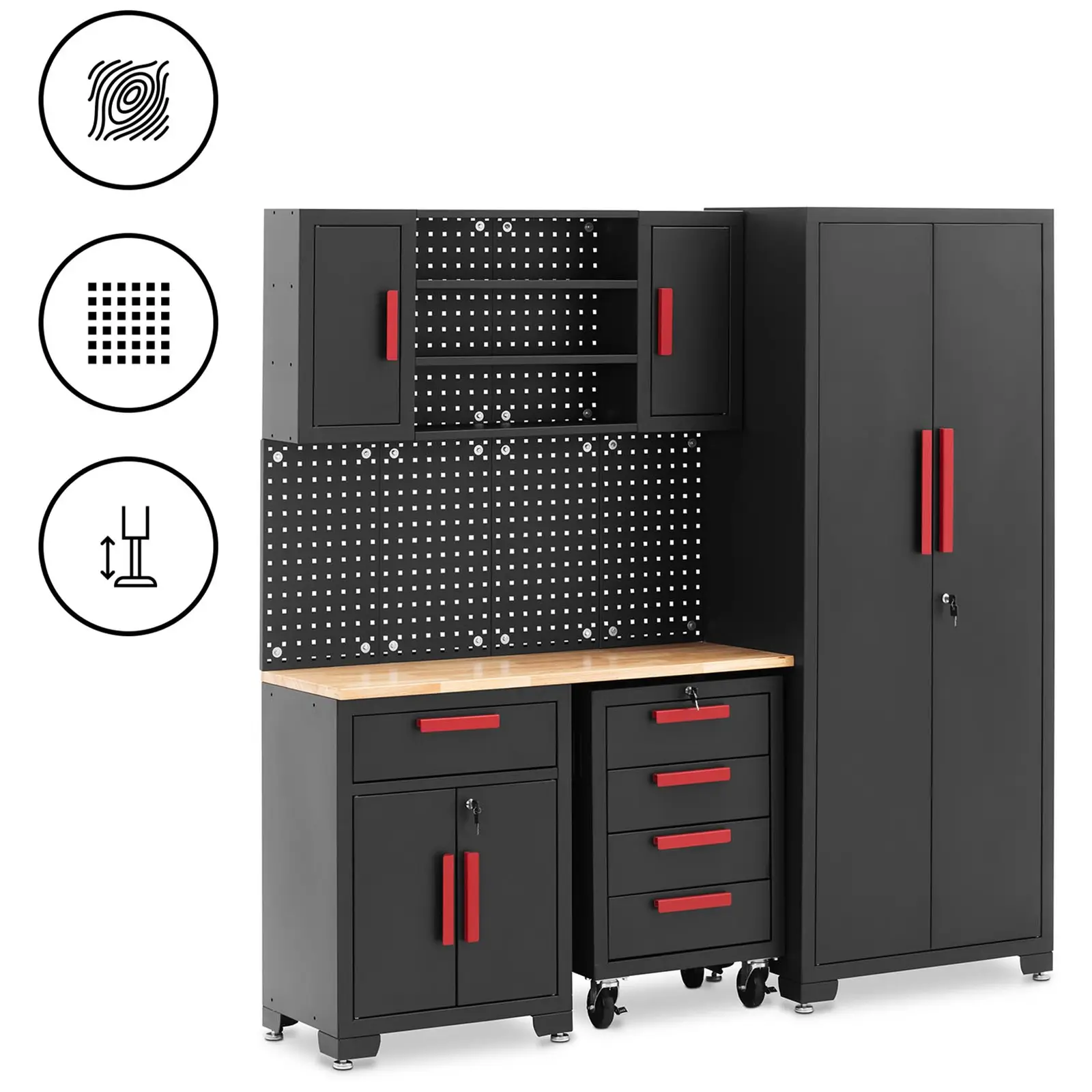 Szerszámos szekrény - moduláris - 120,3 x 42,7 x 2,5 cm-es panel - perforált fal - gurulós konténer - zárható