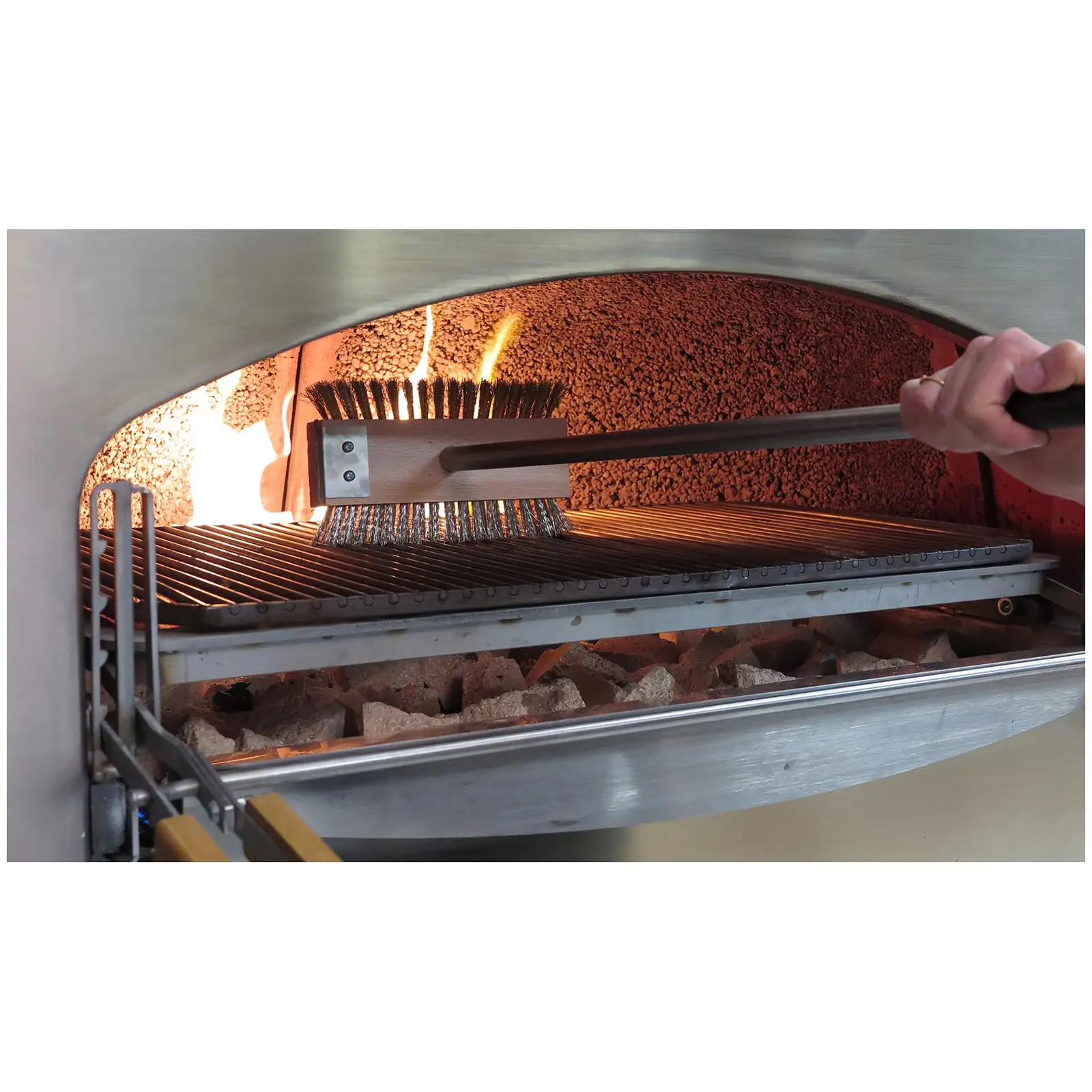 Pizzasütő tisztító kefe - dupla kefe: 20 x 11,7 cm - rozsdamentes acél nyél: 100 cm